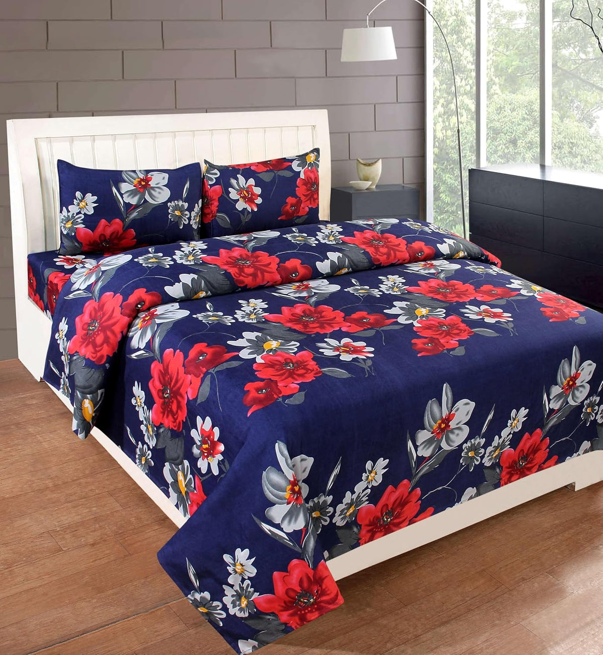 Printed Double Bedsheet 2 Matching Pillow Covers - 86 X 90 Inches, Blue & Red | Soft & Durable Bedding For Bedroom - Lightweight Perfect For All Seasons
