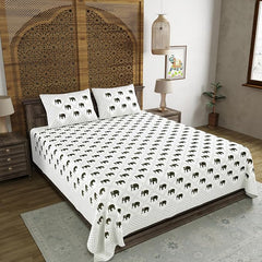 Traditional Hand Block Printed Cotton King Size Bedsheet With 2 Pillow Covers, 104 X 104 Inches, White | 200 Thread Count-Vibrant Bedding For Stylish Bedrooms