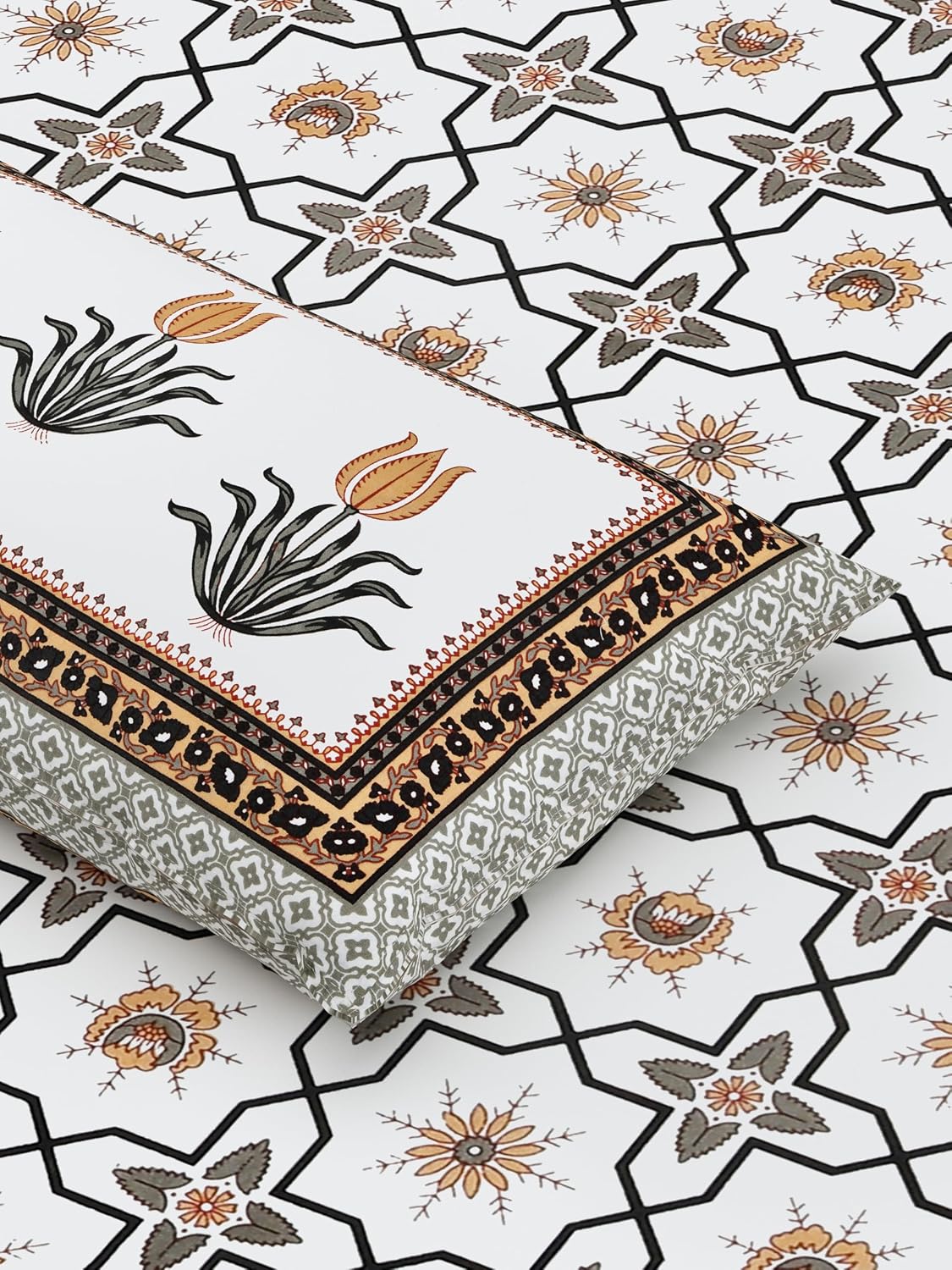 Sanskriti Bedsheet For Double Bed King Size With 2 Pillow Cover - 90 X 108 Inches, White & Brown | Soft, Durable & Stylish | Breathable & Skin-Friendly