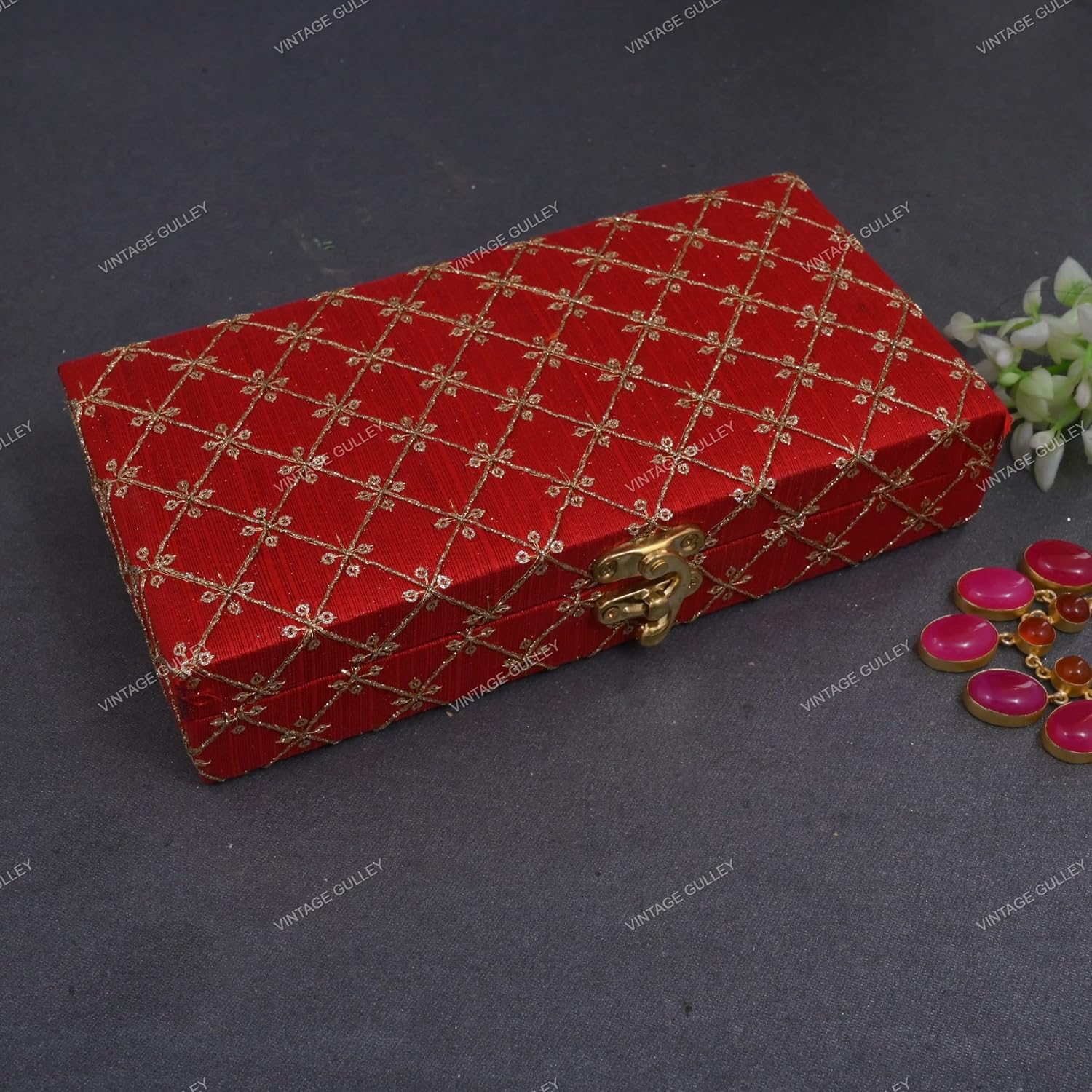 Zari Fabric & Wooden Decorative Cash, Shagun, Jewellery Box For Wedding, Gift Box, Colour - Red, Style - Elegant