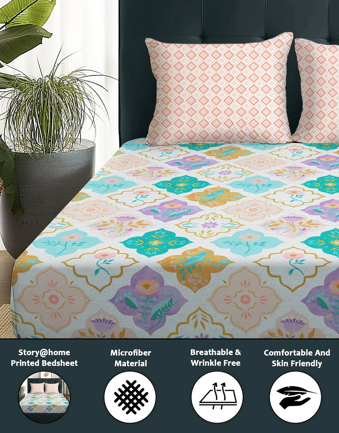 1 Piece Microfiber Bedsheet For Double Bed With 2 Pillow Covers - 88 X 100 Inches, Multicolor | Cotton Bedsheet, Breathable & Wrinkle Free