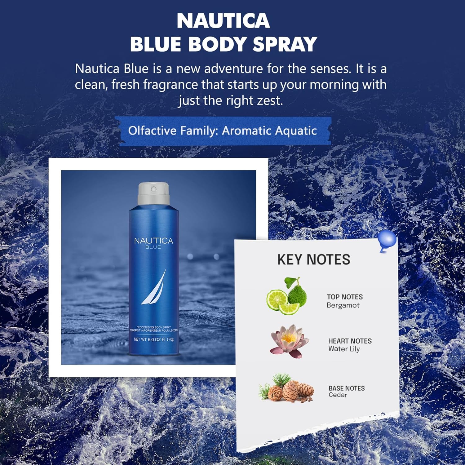 Nautica Blue Deodorizing Body Spray 170gm 6.0 Oz. Men Fragrance | Long Lasting