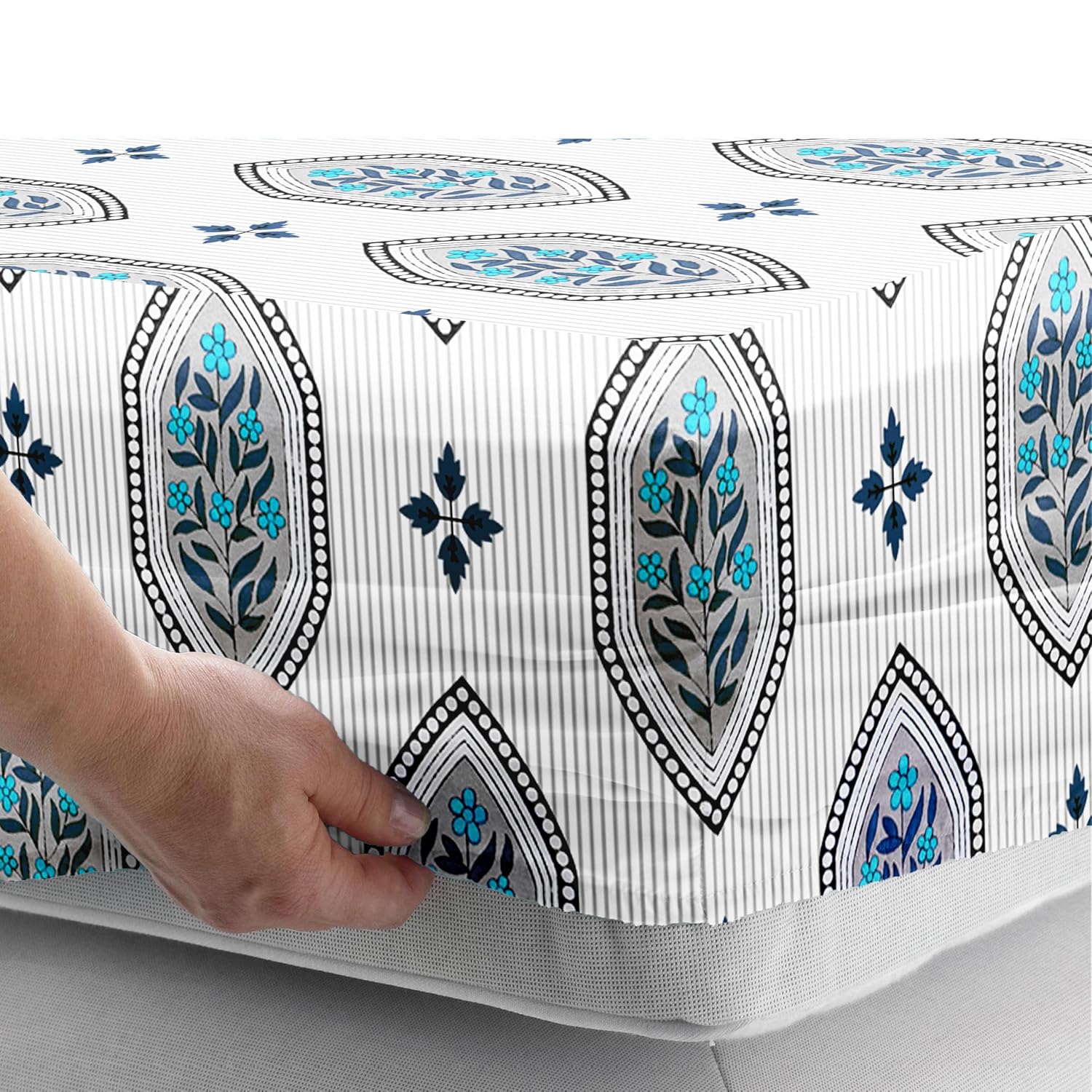 Fitted Bedsheets King Size With 2 Pillow Cover - 72 X 78 Inches, Cream & Blue | All Around Elastic Bedsheet - Crafted From Soft, Breathable Fabric