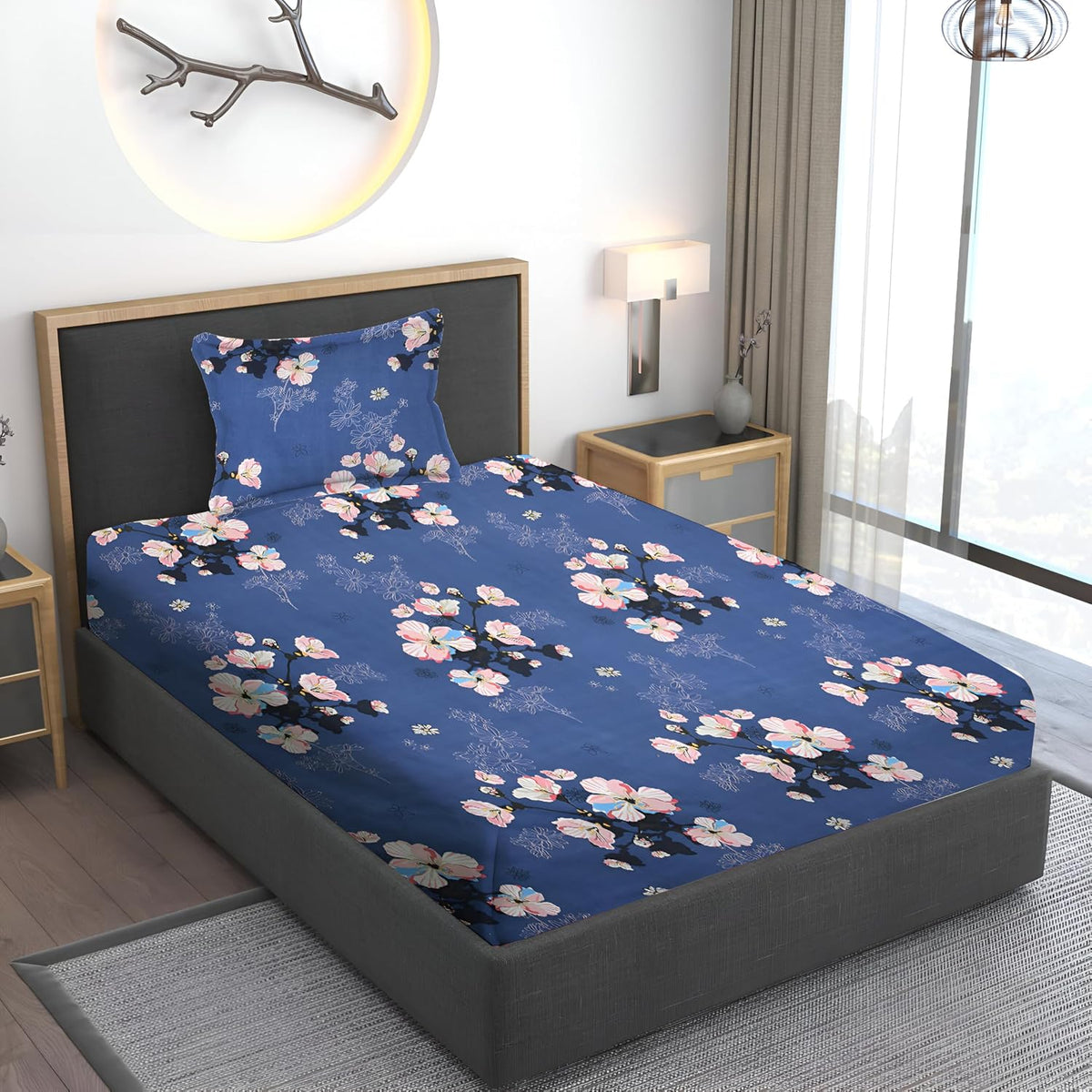 Floral Printed Single Bedsheet Size With 1 Pillow Cover - 60 X 90 Inches, Blue | Cotton Wrinkle Free Soft, Breathable | Durable & Long-Lasting