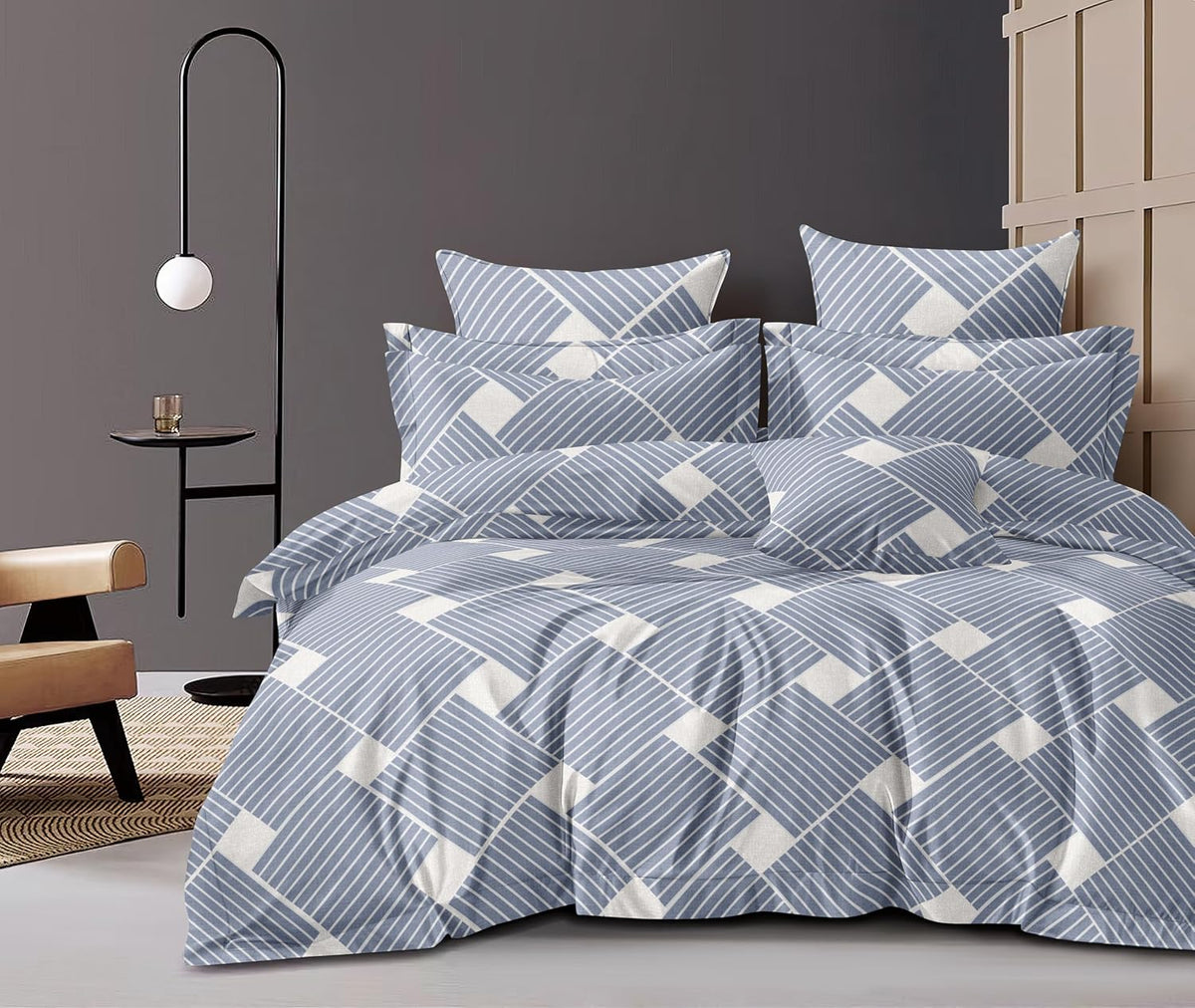 Cotton Elastic Fitted Printed Queen Size Double Bed Bedsheet With 2 Pillow Cover | 60 X 78 Inches, Grey & White - Soft Touch, Wrinkle Resistant, Skin Friendly