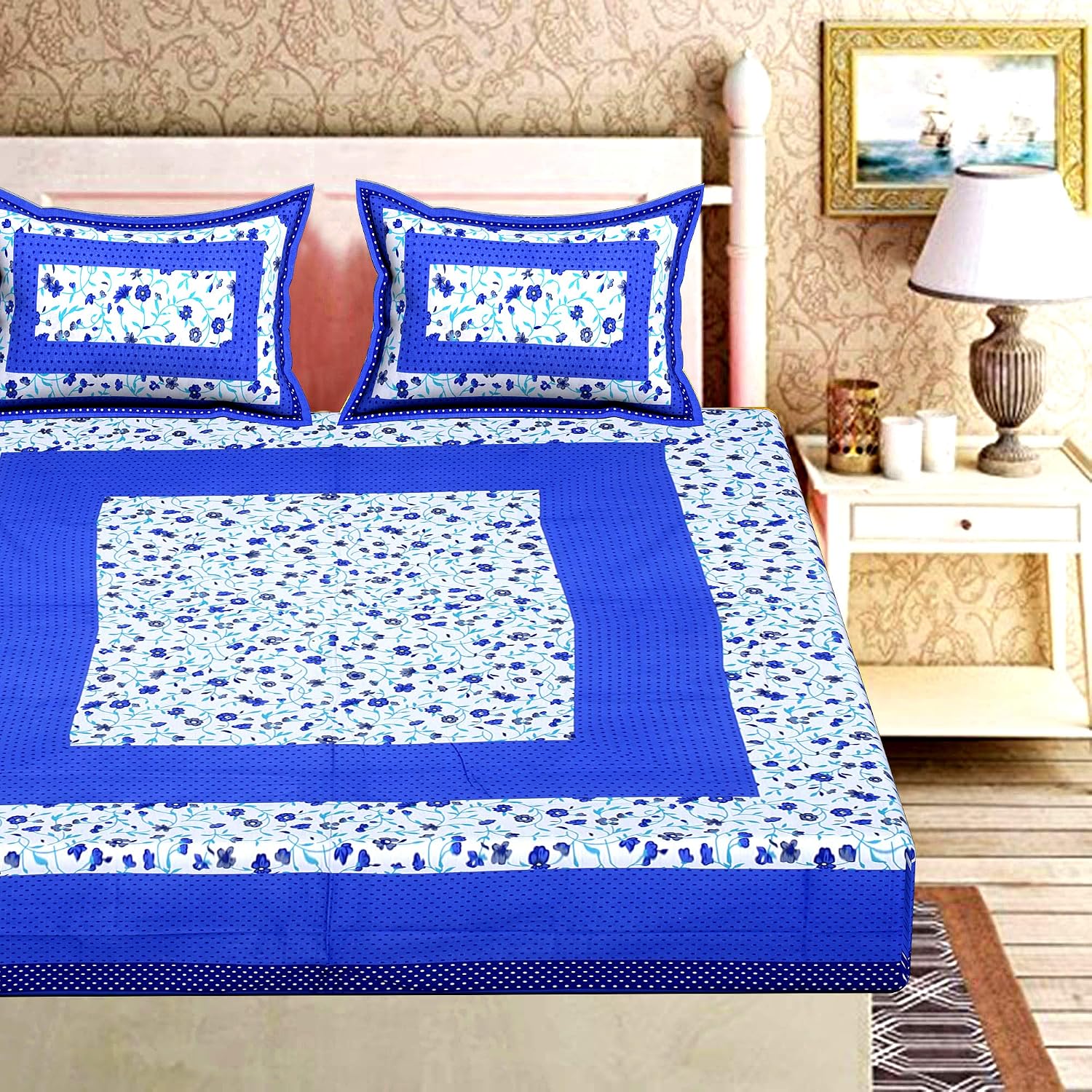 Pure 100% Cotton Double Bed Sheet With 2 Pillow Covers - 90 X 100 Inches, Blue & White | Beautifully Handcrafted Traditional Bedsheets - Skin Friendly Fabric
