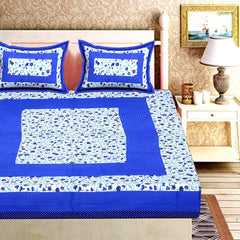 Pure 100% Cotton Double Bed Sheet With 2 Pillow Covers - 90 X 100 Inches, Blue & White | Beautifully Handcrafted Traditional Bedsheets - Skin Friendly Fabric