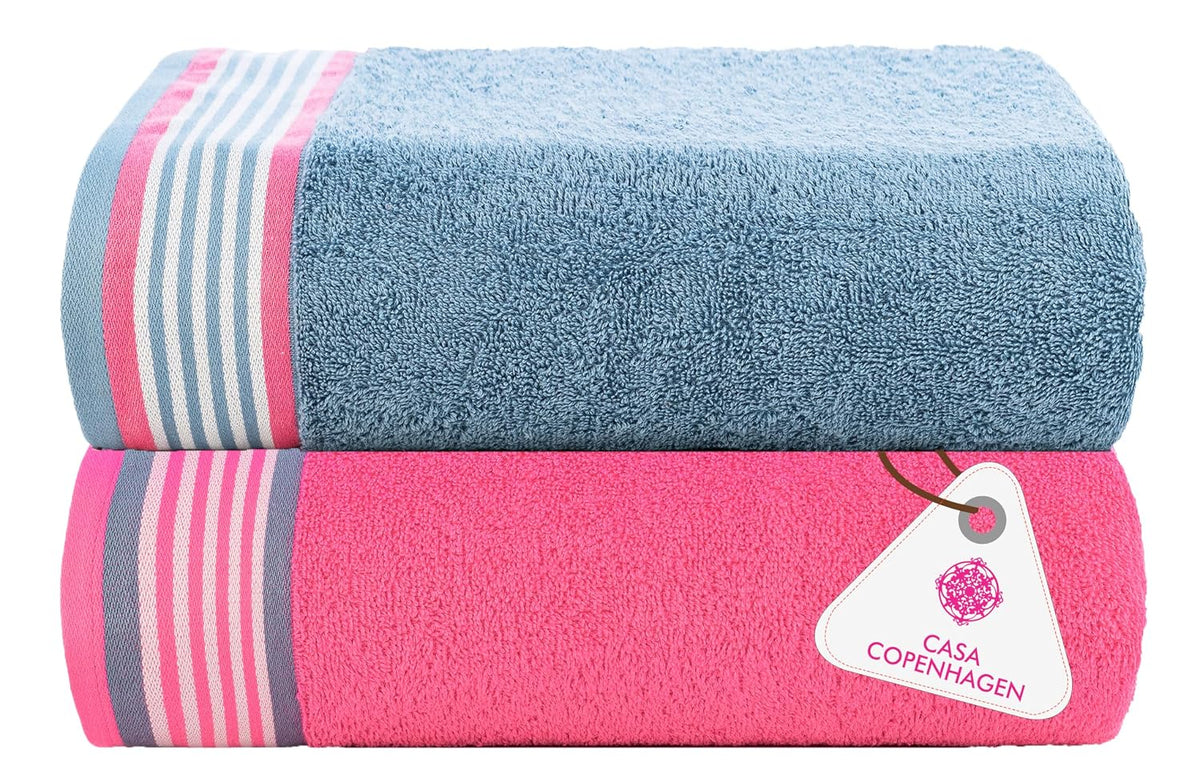 Casa Copenhagen, Germany Design He & She Super Soft Collection 100% Cotton 2 Pieces Large Bath Towel 525 Gsm - Dusty Blue & Pink