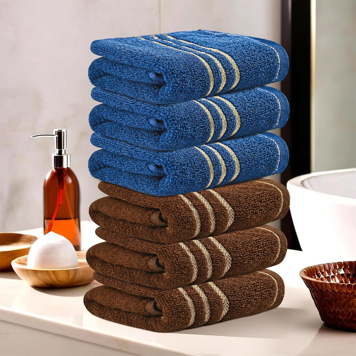 Kuber Industries Soft Cotton Face Towels 1200 Gsm | Easily Washable Towels & Workout Gym Napkins For Men - Dark Brown & Blue (Pack Of 6)