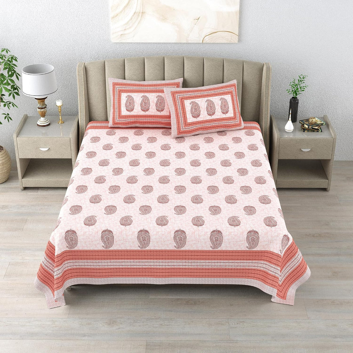 Cotton King Size Bedsheet With 2 Matching Pillow Covers - 90 X 108 Inches, Pink | Designer Printed Bedsheet Set - Naturally Soft, Breathable, & Skin-Friendly