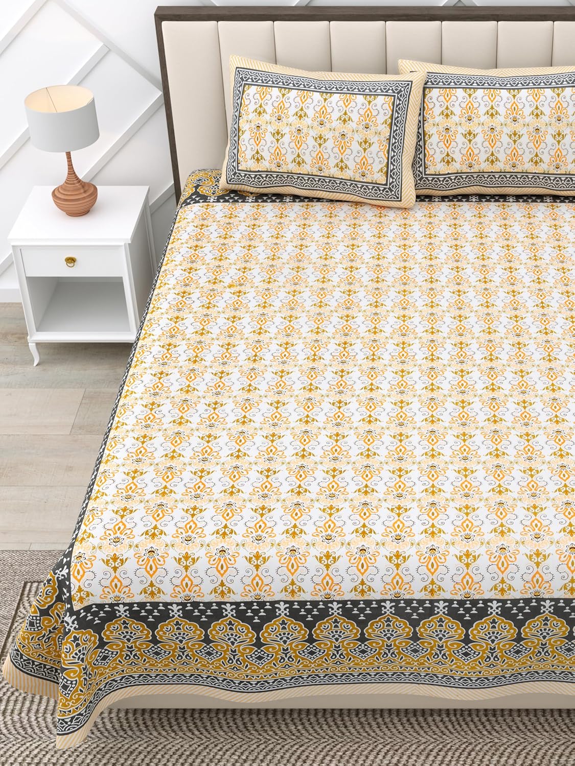 Suitable For King Size Bedsheet With 2 Pillow Cover - 90 X 108 Inches, Yellow & White | Soft, Breathable & Skin-Friendly Feel For Year-Round Comfort