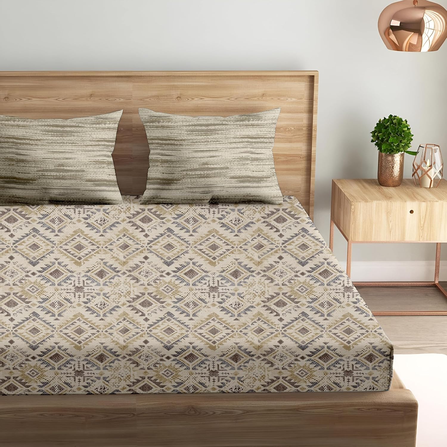 King Size Printed Elastic Fitted Bedsheet With 2 Pillow Covers - 72 X 78 Inches, Taupe | Lightweight, Soft & Breathable Durable & Long Lasting Bedsheet
