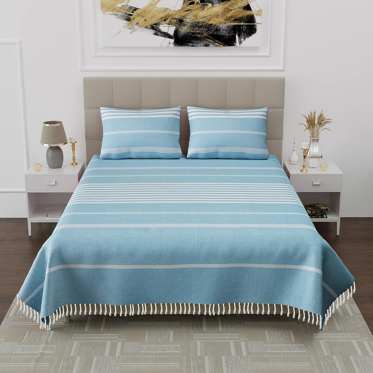 210 TC Double Bedsheet With Two Pillow Cover - Queen Size 90 X 100 Inches, White & Sky Blue | Handloom Cotton Bedsheets For Double Bed | All Season Comfort