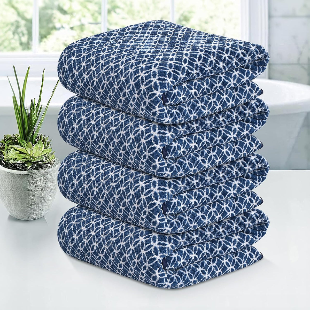 Kuber Industries Microfiber Bath Towel 1400 Gsm | Large Size Soft Quick Dry & Absorbent Shower Bath Towel (Circle- Blue)- Pack Of 4