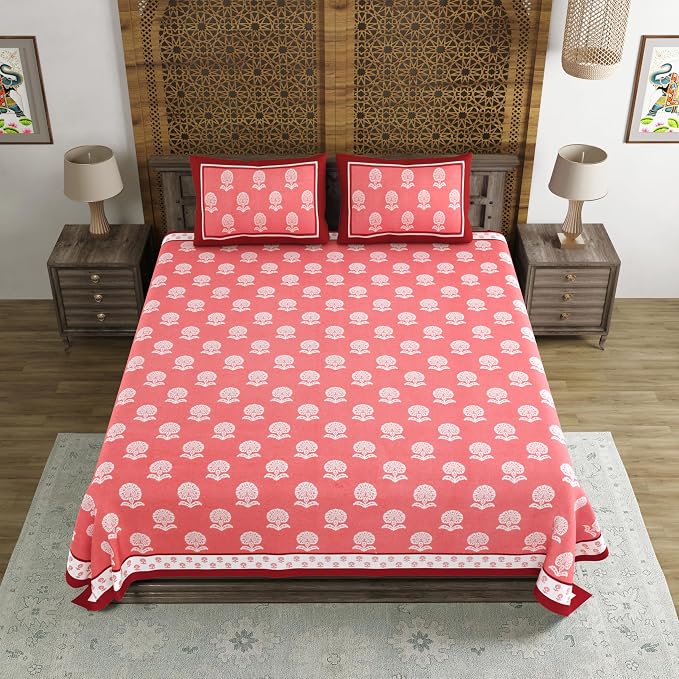 Hand Block Printed Cotton King Size Bedsheet With 2 Pillow Covers, 106 X 106 Inches, Pink | 200 Thread Count-Good For Villas, Guest Houses, & Daily Home Use