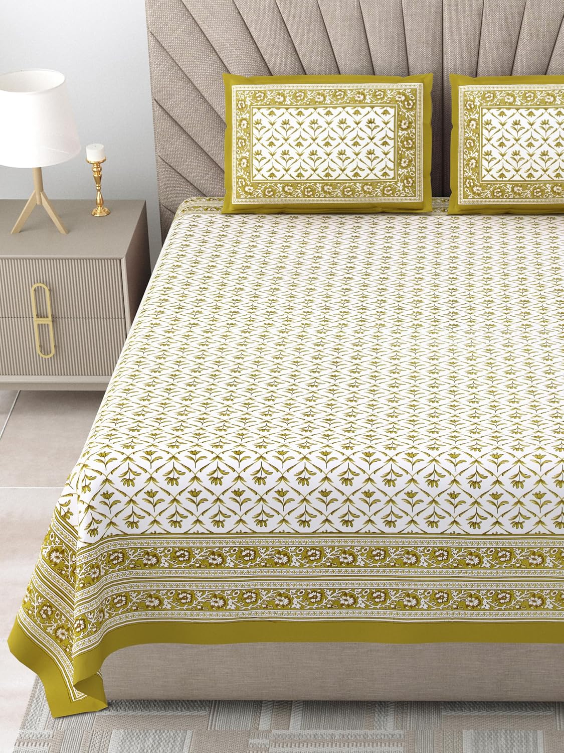 Cotton Queen Size Bedsheet For Double Bed With 2 Pillow Covers | 90 X 108 Inches, Green & White | Cotton Bedsheet Is Suitable For All Seasons | Ultra-Soft, Skin-Safe & Breathable Fabric