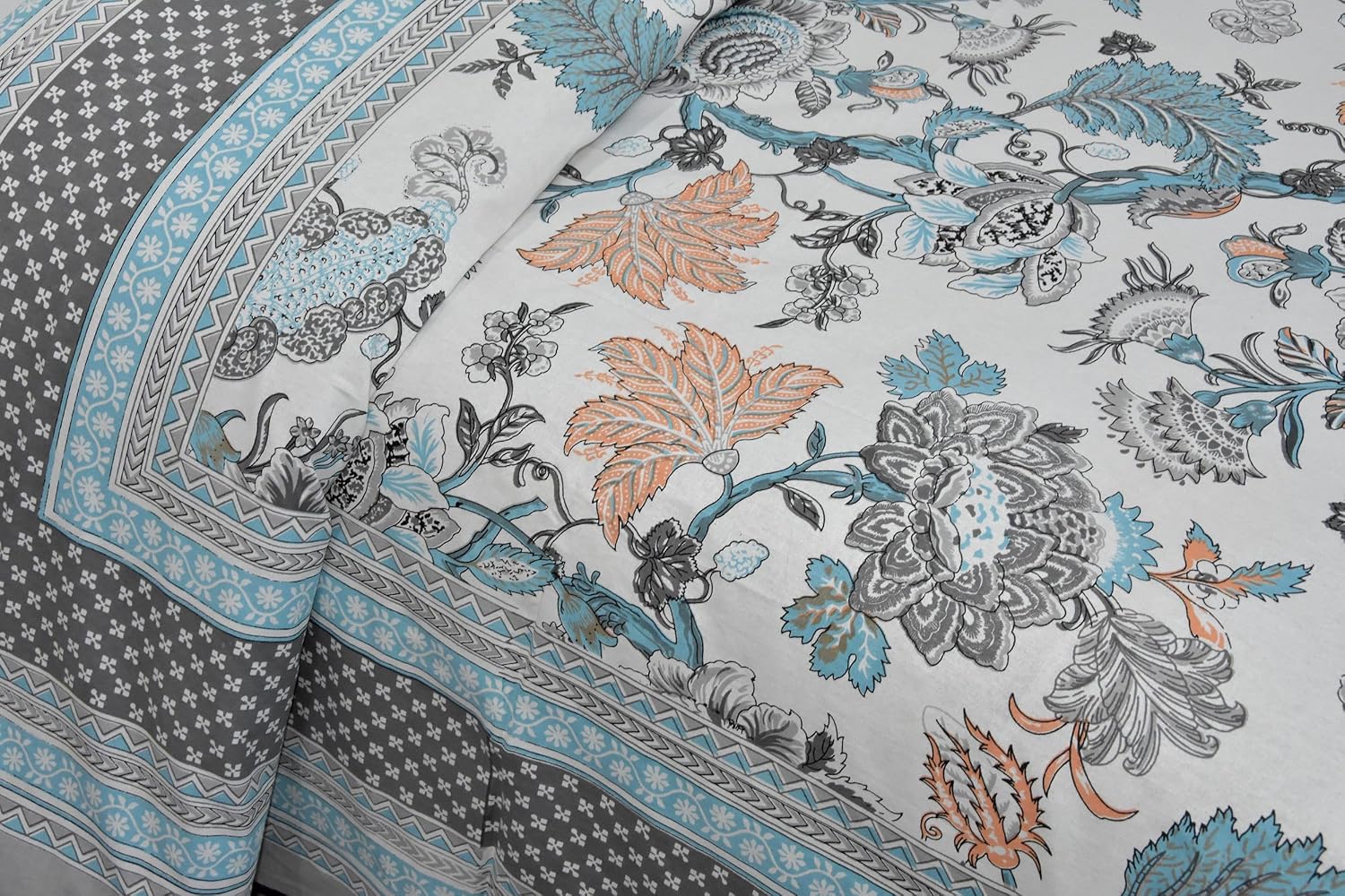Traditional Rajasthani Design Bedsheet With 2 Pillow Covers - 90 X 108 Inches, Grey & Blue | Color Fade Resistant & Shrinkage Resistant For All-Season Use