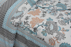 Traditional Rajasthani Design Bedsheet With 2 Pillow Covers - 90 X 108 Inches, Grey & Blue | Color Fade Resistant & Shrinkage Resistant For All-Season Use