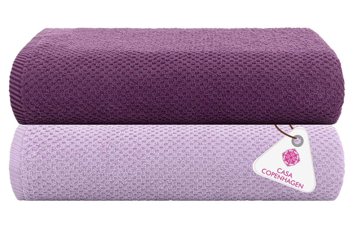 Casa Copenhagen Designed In Denmark Popcorn Super Soft 2 Pieces 100% Cotton Large Bath Towel 525 Gsm - Dark Purple & Purple Rose