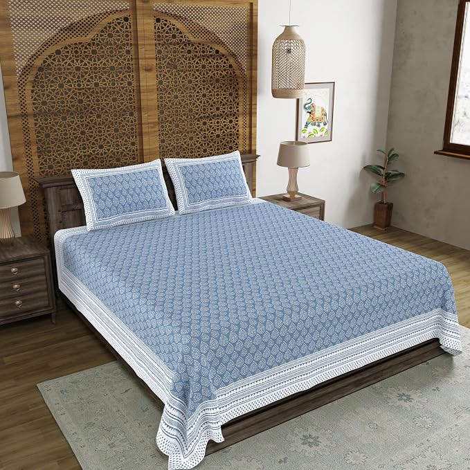 Hand Block Printed Cotton King Size Bedsheet With 2 Pillow Covers, 90 X 108 Inches, Blue | 200 Thread Count-Good For Villas, Resorts, Guest Houses, & Daily Home Use