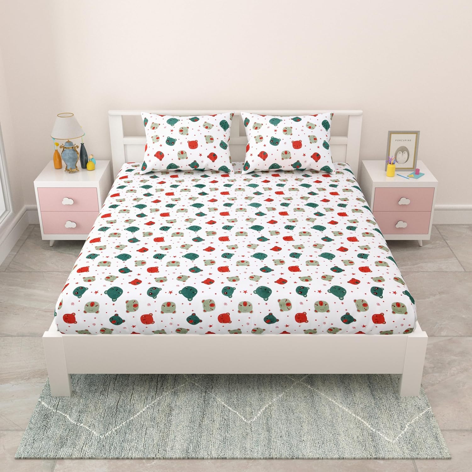 Pure Cotton Kids Bedsheet Double Bed Queen Size With 2 Pillow Covers | 90 X 100 Inches, White & Green | Fun Cartoon Theme, Soft & Breathable Fabric
