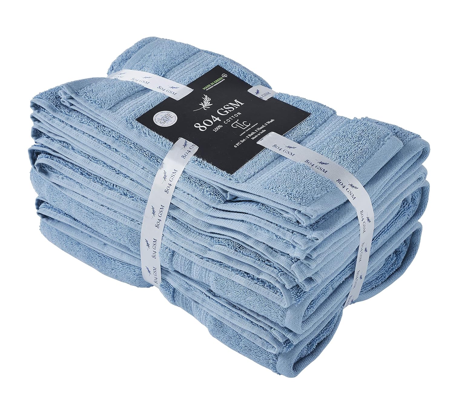 Senses By Riba 2 Bath + 2 Hand & 2 Wash Cloth Towel 1800 Gsm | All Cotton Premium Hotel & Spa Quality, Highly Absorbent Towel (Blue) - 6 Piece