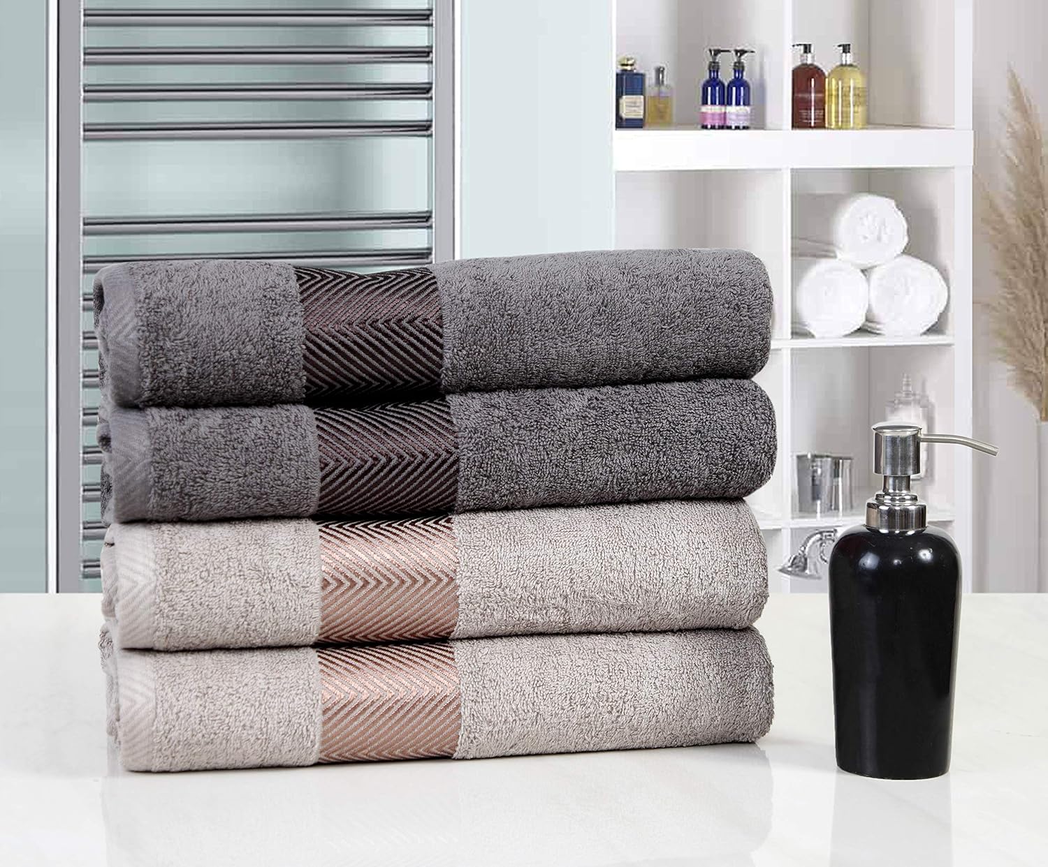 Fash Home International 500 Gsm | 100% Cotton Highly Absorbent Super Luxury Large Couple Bath Towel Set Combo Pack Of 4 (Beige & Grey)