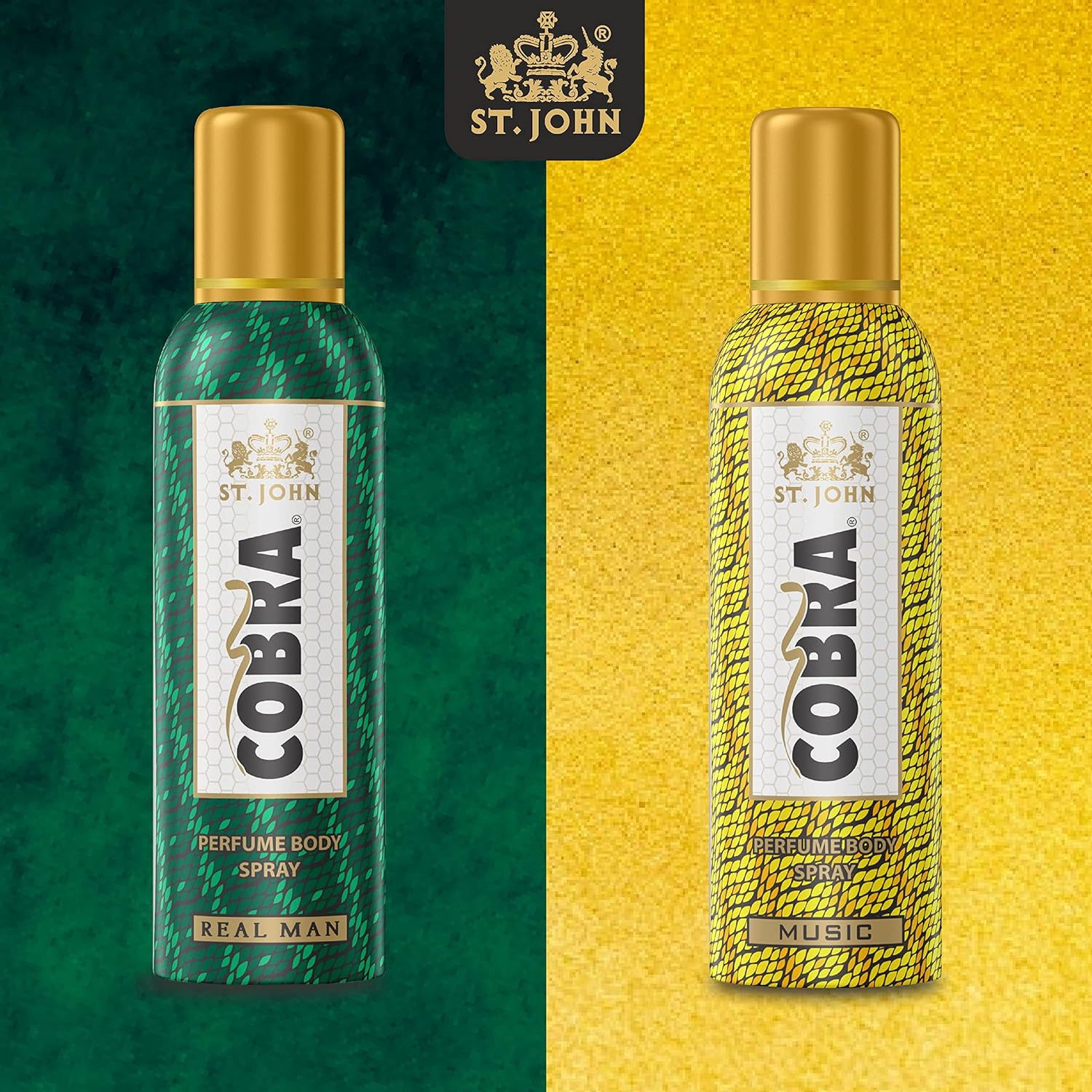 St. john Cobra Music & Real Men Perfume Long Lasting Body Spray 200ml 6.7 Fl.oz. Pack Of 2 | Perfect Gift For Boyfriend