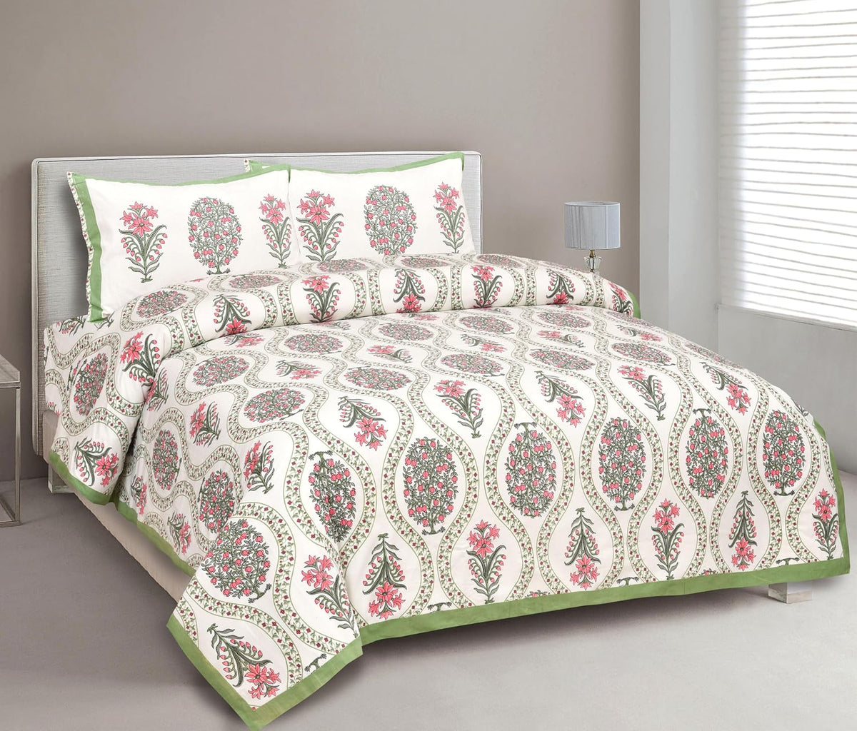 1 Queen Size Bedsheet For Double Bed With 2 Pillow Covers (90 X 108 Inches) Off White & Green | Beautiful Printed Designs - Breathable 100% Cotton Bedsheet Comfortable