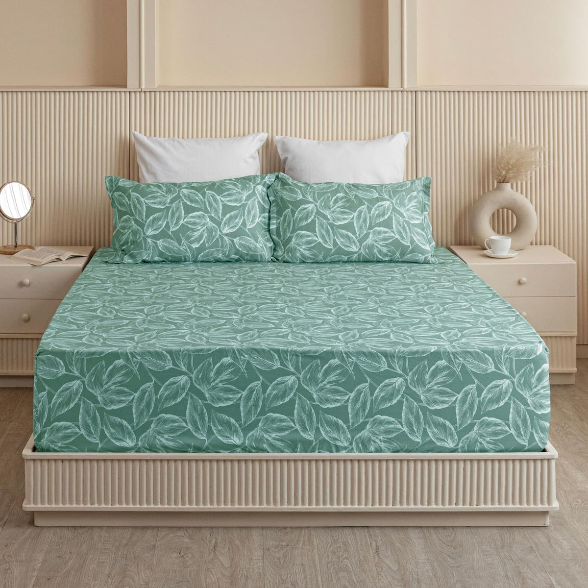 Perfect King Size Bedsheet With Two Matching Pillow Cover - 84 X 78 Inches, Aqua Green | All Around Elastic Fitted Bedsheet | Wrinkle Free