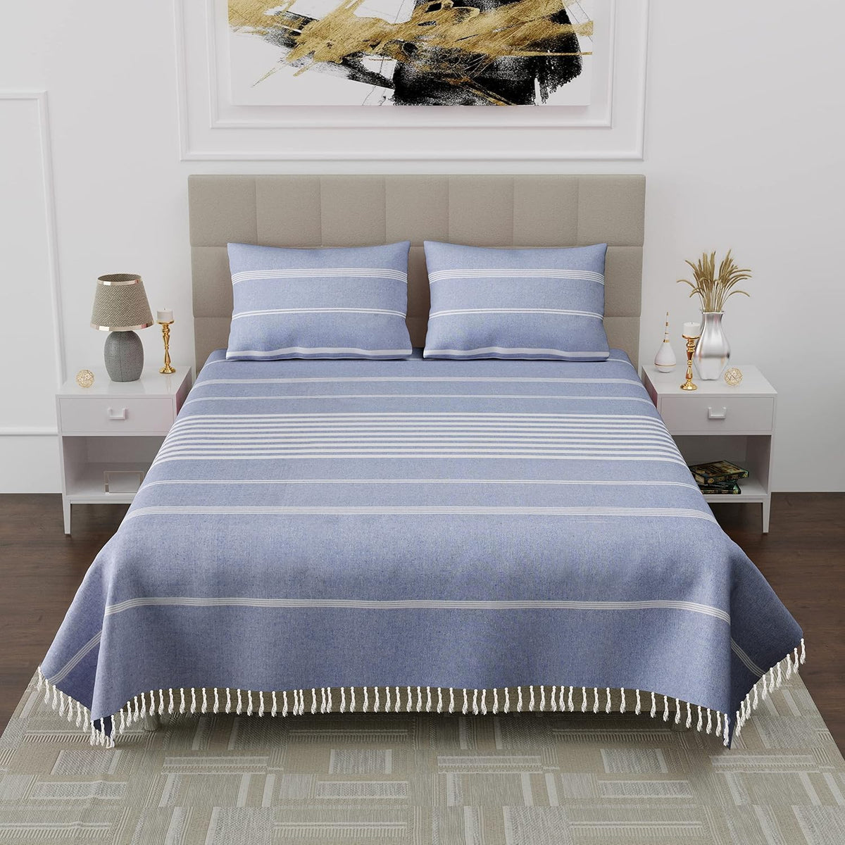 100% Cotton Double Bedsheet With Two Pillow Cover - Queen Size 90 X 100 Inches, Blue | Handloom Cotton Bedsheets For Double Bed | All Season Comfort