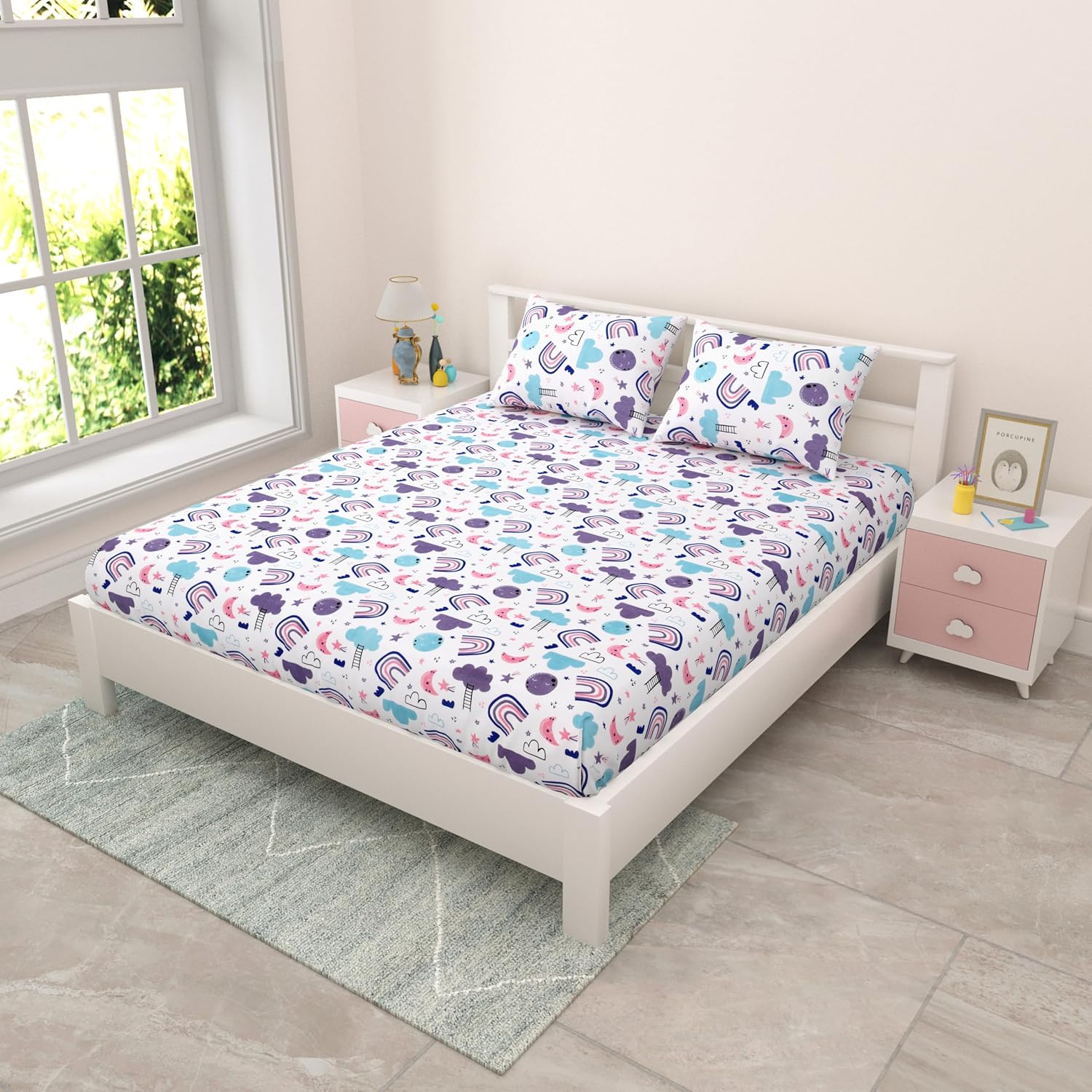 Pure Cotton Kids Bedsheet Double Bed Queen Size With 2 Pillow Covers | 90 X 100 Inches, White & Lavender | Fun Cartoon Theme, Soft & Breathable Fabric