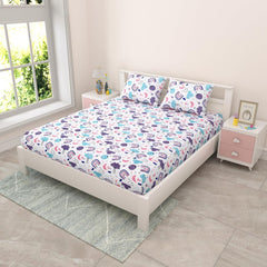 Pure Cotton Kids Bedsheet Double Bed Queen Size With 2 Pillow Covers | 90 X 100 Inches, White & Lavender | Fun Cartoon Theme, Soft & Breathable Fabric