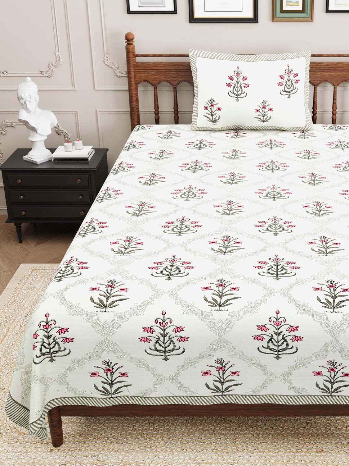 Cotton Single Bedsheet For Single Bed With 1 Pillow Cover - 60 X 90 Inches, White & Pink | 240 Thread Count - Breathable & Lightweight | Perfect For All-Season Use