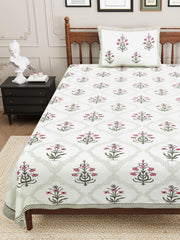 Cotton Single Bedsheet For Single Bed With 1 Pillow Cover - 60 X 90 Inches, White & Pink | 240 Thread Count - Breathable & Lightweight | Perfect For All-Season Use