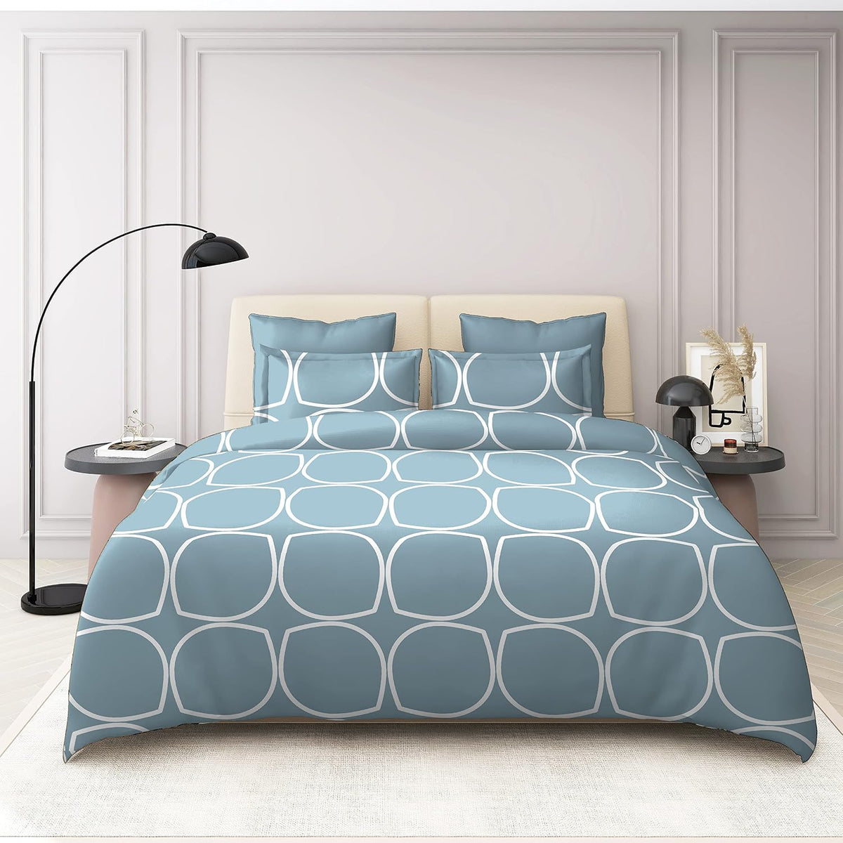 Feel Glace Cotton Elastic Fitted Single Bedsheet With 1 Pillow Cover - 36 X 78 Inches, Grey & White | Light Weight & Breathable-Beautiful Design Bedsheet