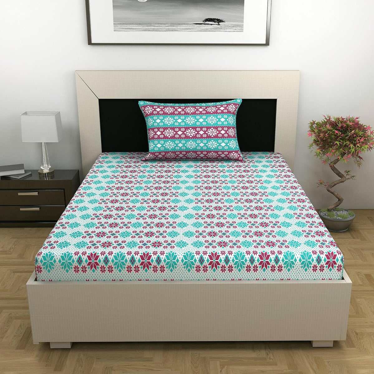 Bedsheet For Single Size Bed With 1 Pillow Cover - 57 X 87 Inches, Aqua & Red | Gifts For Wedding Or Anniversary, Surprise, Soft, Breathable, & Comfortable Bedsheet