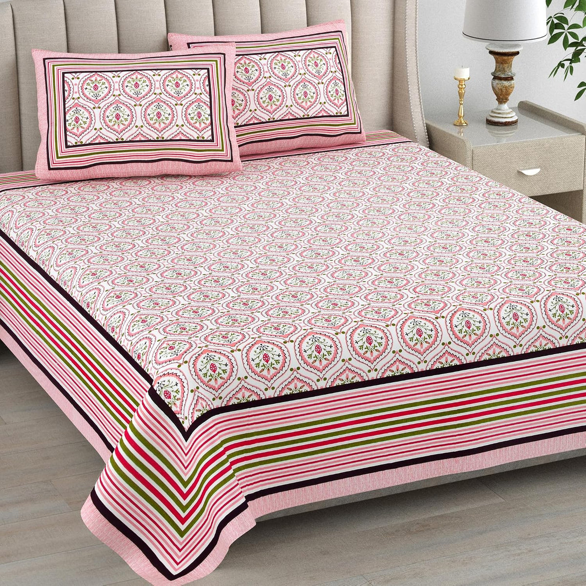 Bedsheet For Queen Bed With 2 Pillow Covers - 90 X 108 Inches, White & Pink | Pure Cotton Traditional Jaipuri Printed | Ideal For Both Everyday Use & Special Events