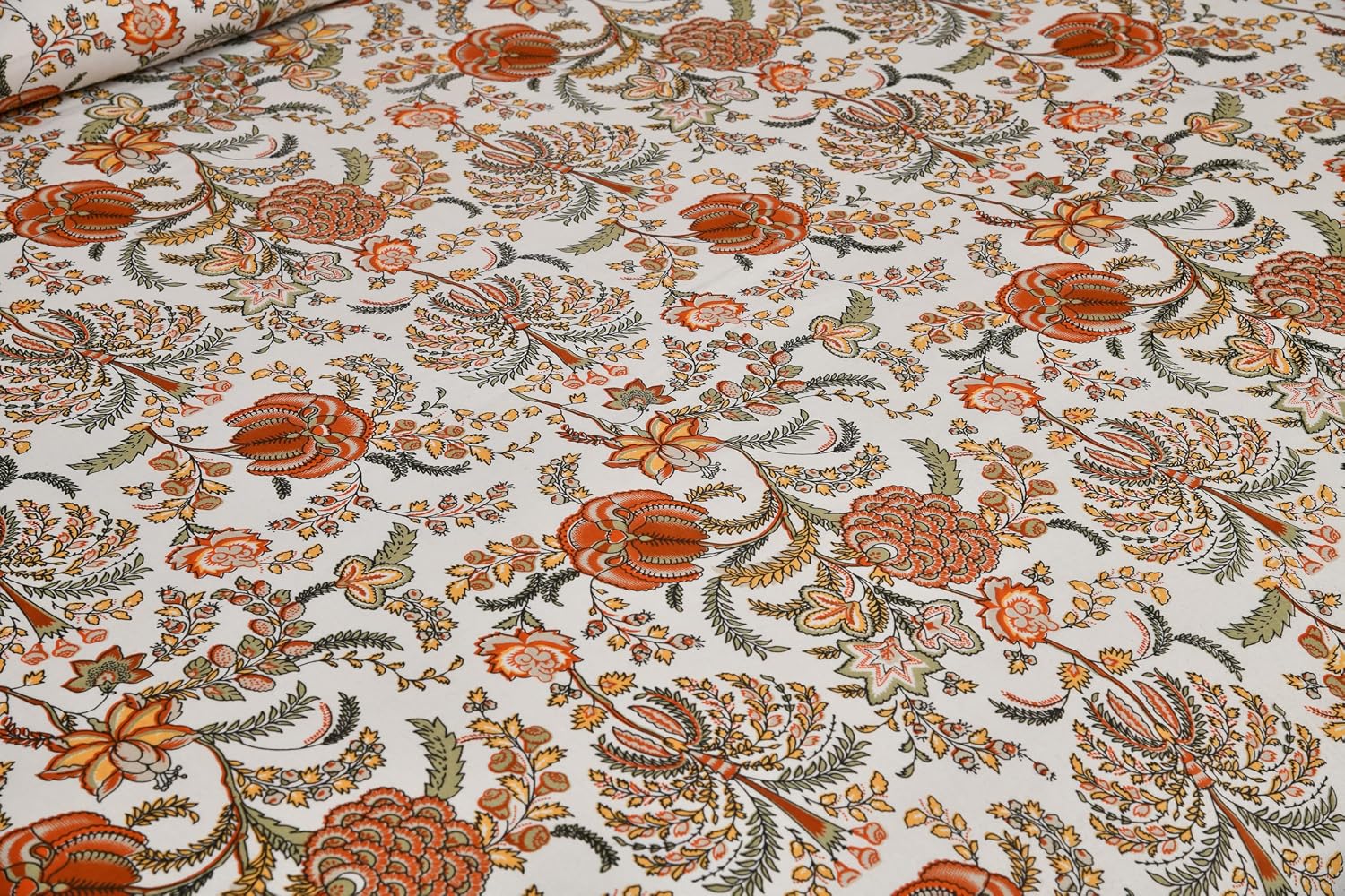 Jaipuri Bedsheet For Double Bed With 2 Pillow Covers - 90 X 108 Inches, Beige & Orange | Pure Cotton Bedsheet King Size Bed | Soft & Breathable Fabric