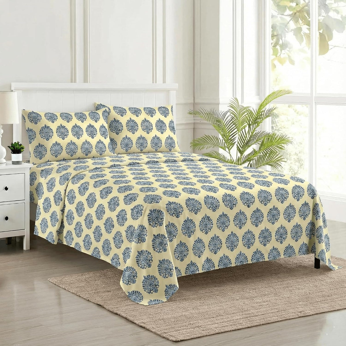 Jaipuri Design Cotton King Size Printed Bedsheet With 2 Pillow Covers - 108 X 108 Inches, Cream & Blue | Ideal For Home Use & Perfect For Gifting On Weddings, Housewarmings & Festivals