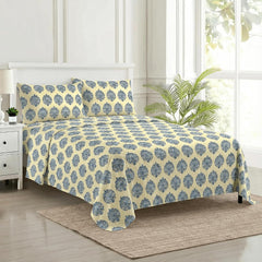 Premium 100% Cotton Queen Size Bedsheet With 2 Pillow Covers - 86 X 104 Inches, Cream & Blue | 180 Thread Count Ultra Soft | Ideal For House, Guest Home, Hotel