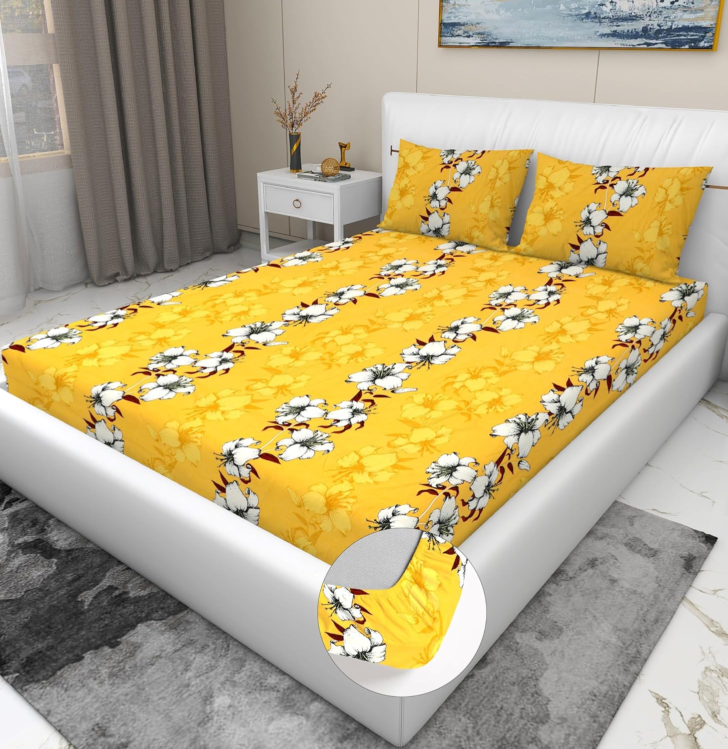 Luxurious Glace Cotton Super Soft Bedsheets King Size Bed (72 X 78 X 8 Inch) With 2 Pillow Cover | All Around Elastic Fitted Bedsheets, Yellow & White
