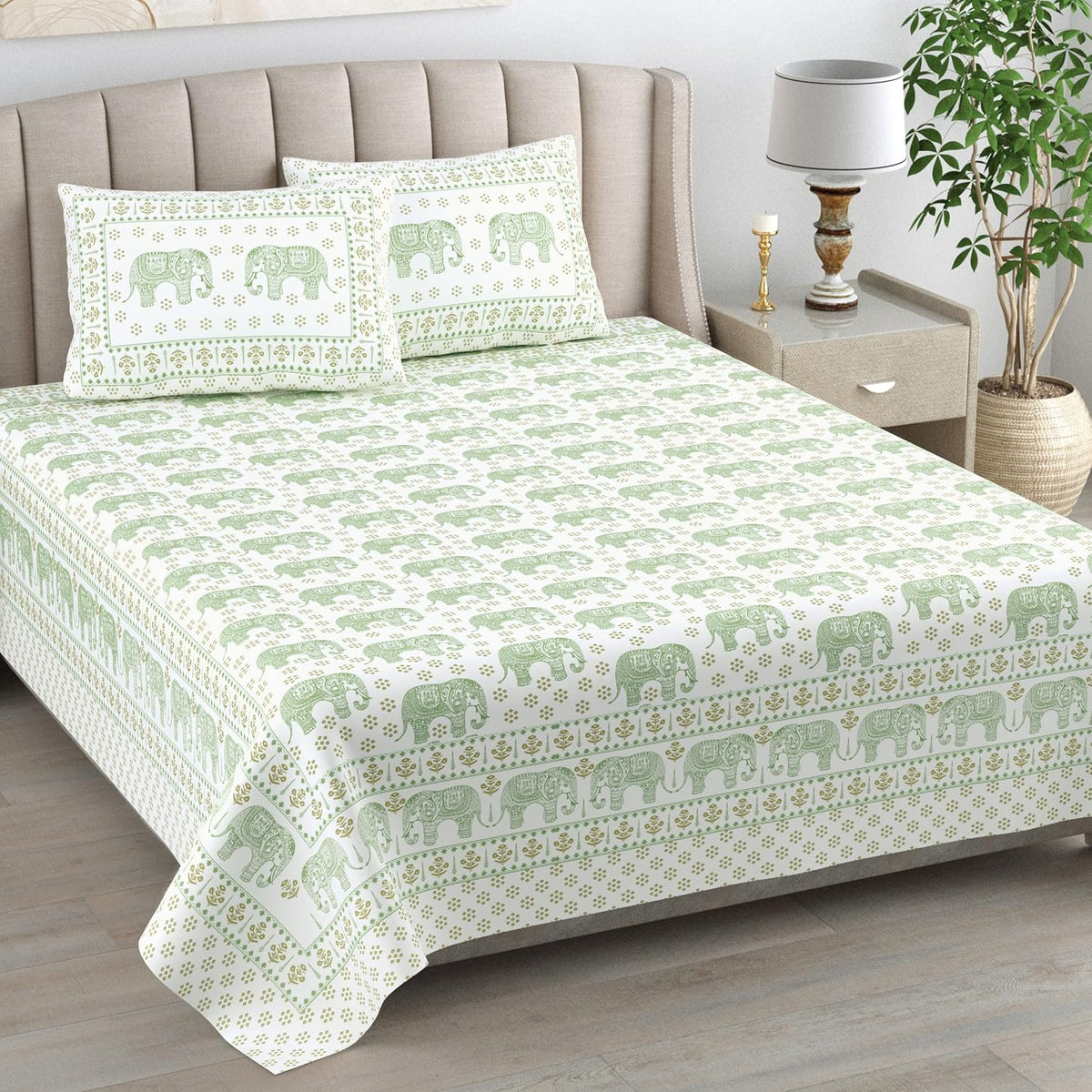 1 Queen Size Bedsheet For Double Bed With 2 Pillow Covers (90 X 108 Inches) Green & White | Premium Cotton Material - Ideal For House, Hotel, Guest House