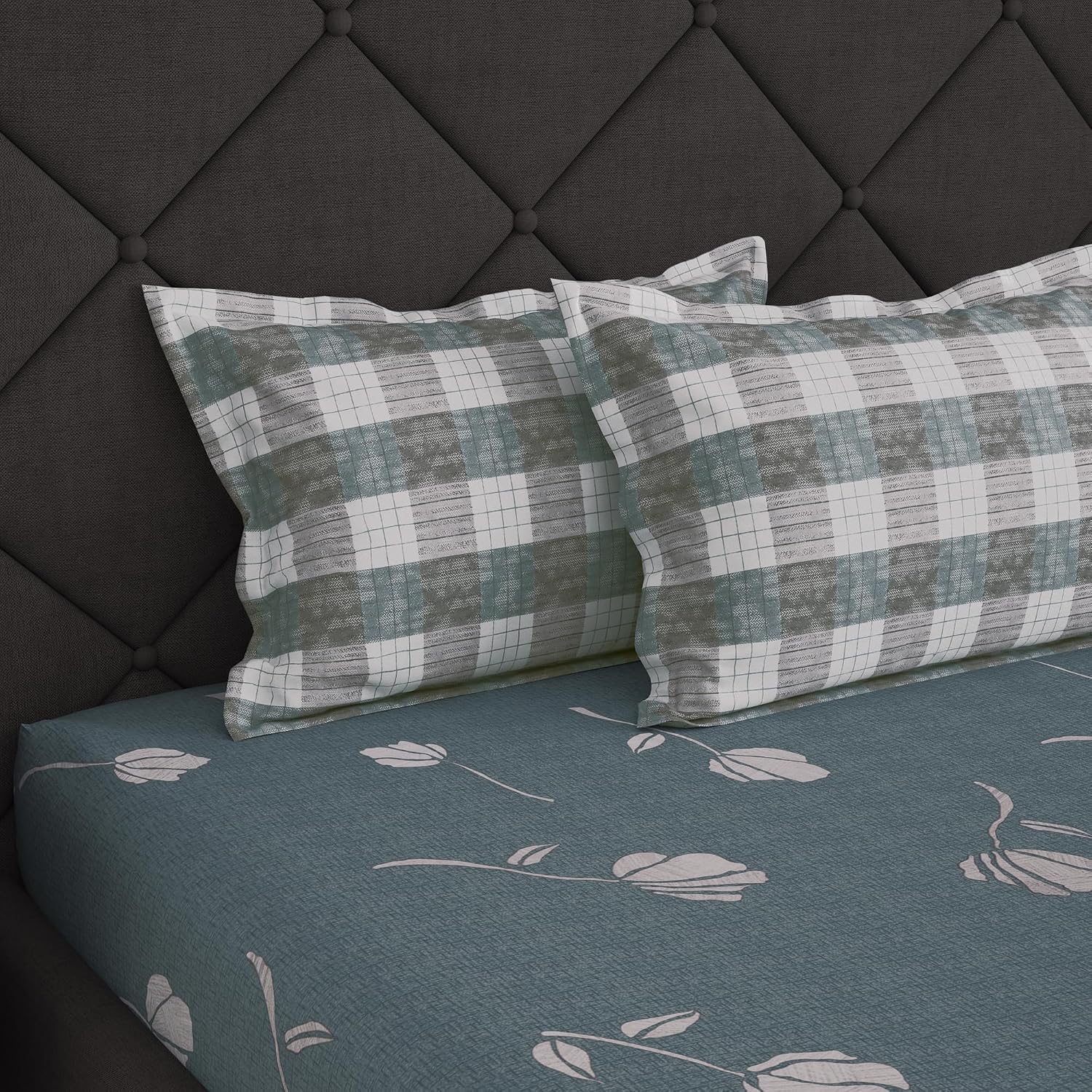 100% Cotton Elastic Fitted Double Bedsheet For Queen Size 2 Pillow Cover - 88 X 100 Inches, Grey | Perfect For Festive Gifting | Durability & Long-Lasting Use