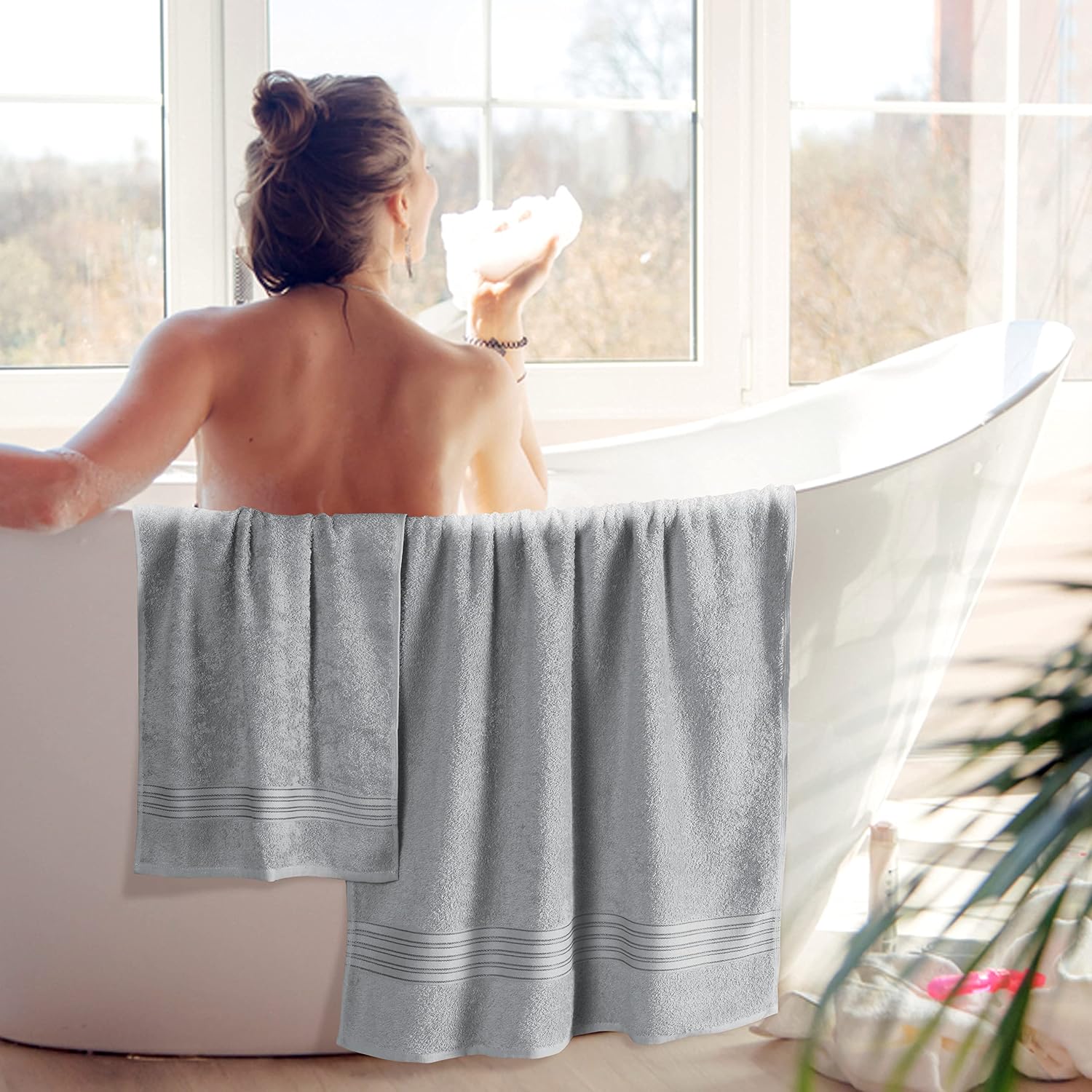 Boutiquo 100% Cotton 2 Bath, 2 Hand & 2 Face Towels 1800 Gsm | Eco-Friendly Towels For Men & Women Ultra Soft & Highly Absorbent - Light Grey (Set Of 6)