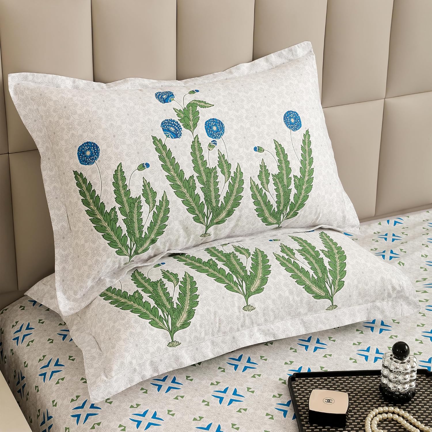 1 Piece Cotton Bedsheet For King Size With 1 Pillow Cover - 108 X 108 Inches, White & Sky Blue | Soft & Durable For Everyday Use & Bedroom - All Season Comfort