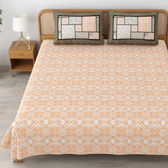 Sanskriti Bedsheet For Double Bed King Size With 2 Pillow Cover - 90 X 108 Inches, Dusky Peach & White | Soft, Durable & Stylish | Breathable & Skin-Friendly