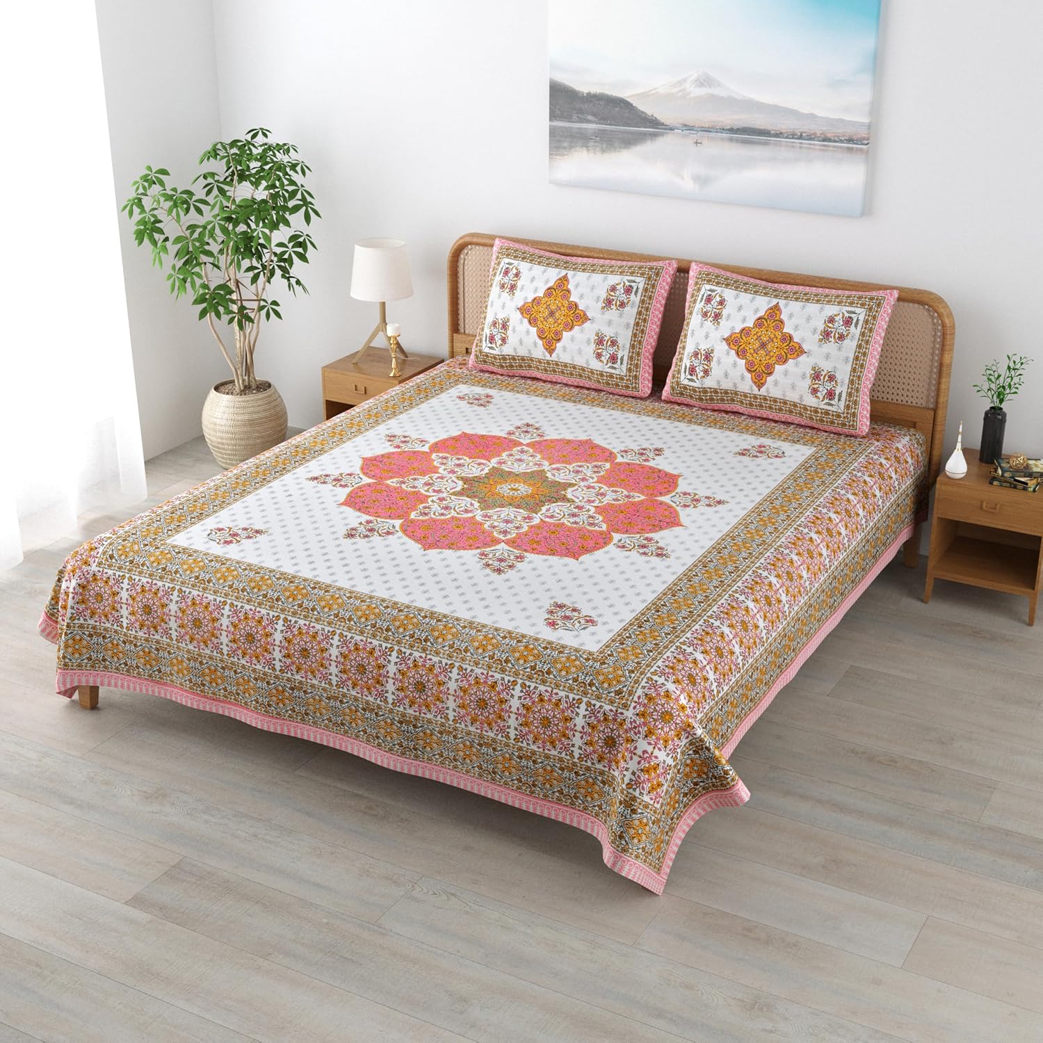 Traditional Rajasthani Cotton Bedsheet For King Size With 2 Matching Pillow Cover | 90 X 108 Inches, Rose Pink & White | Soft & Comfortable Fabric