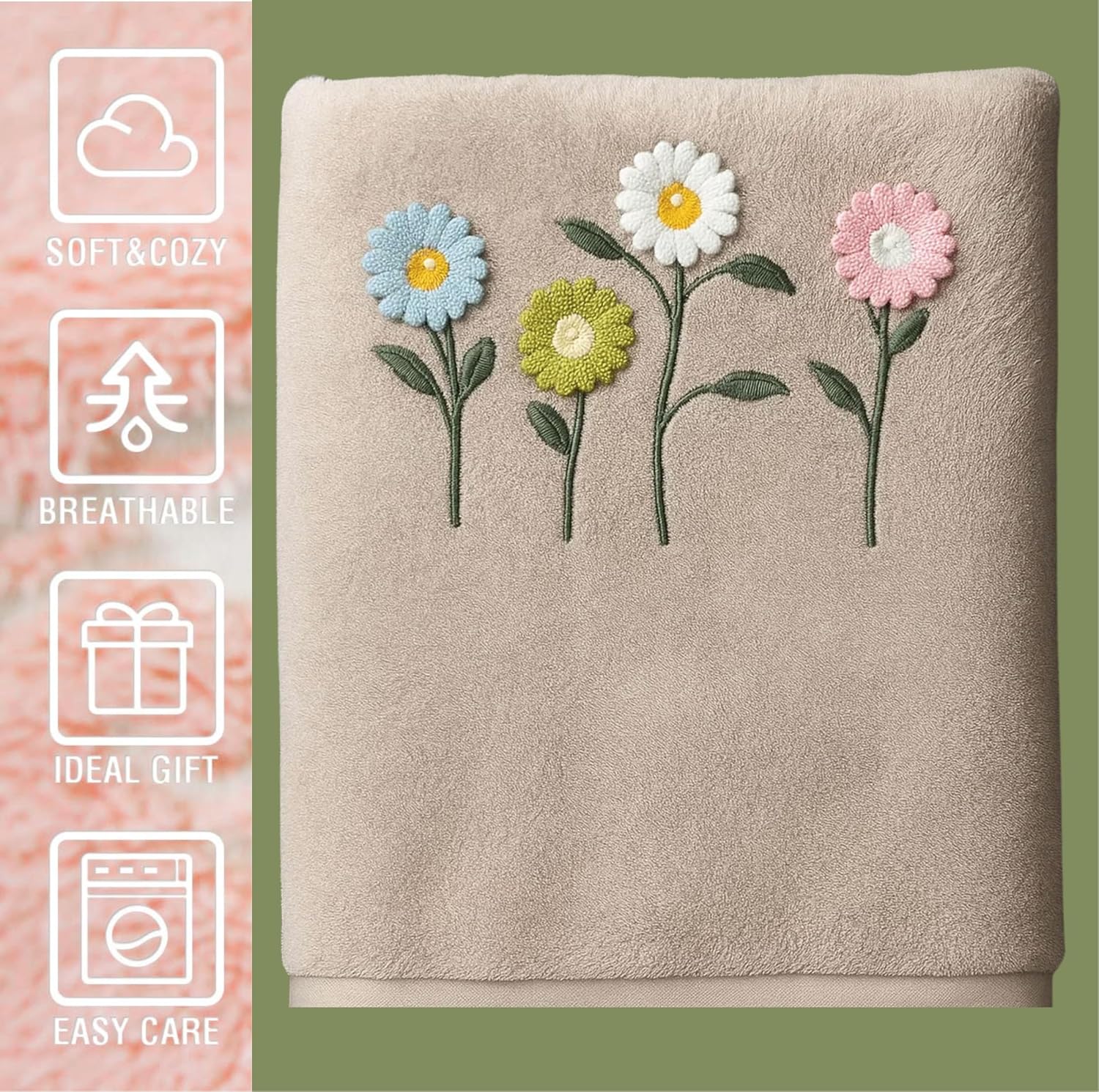Divyam Floral Embroidered Bath Towel 350 Gsm | Premium Soft Microfiber Quick-Dry, Lightweight & Absorbent Towel With Pastel Daisy Design (Light-Taupe)