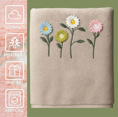 Divyam Floral Embroidered Bath Towel 350 Gsm | Premium Soft Microfiber Quick-Dry, Lightweight & Absorbent Towel With Pastel Daisy Design (Light-Taupe)